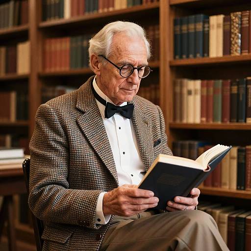 Elderly Gentleman Reading in Library