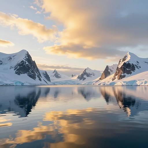 Photograph of a serene glacier lake reflecting snow-capped mountains under a golden sunset sky with scattered clouds.