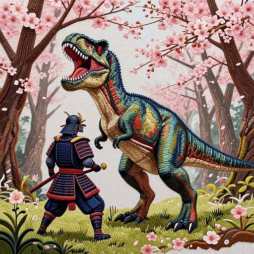 Digital artwork of a samurai facing a roaring, colorful T-Rex amidst cherry blossom trees, with petals falling. Vibrant, detailed, fantasy scene