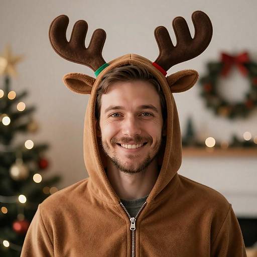 Festive Man in Reindeer Costume Smiling