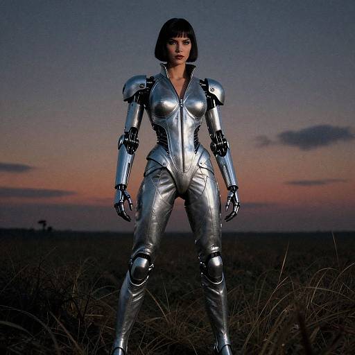 CGI image of a woman in silver, futuristic armor standing in a field at sunset, with a purple-orange sky and dark clouds.