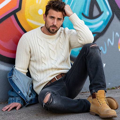 Photograph of a handsome, bearded man with short brown hair, wearing a white knit sweater, ripped jeans, tan boots, and a denim jacket