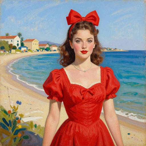 Digital painting of a fair-skinned woman with red hair and a large red bow, wearing a red puffed-sleeve dress, standing on a