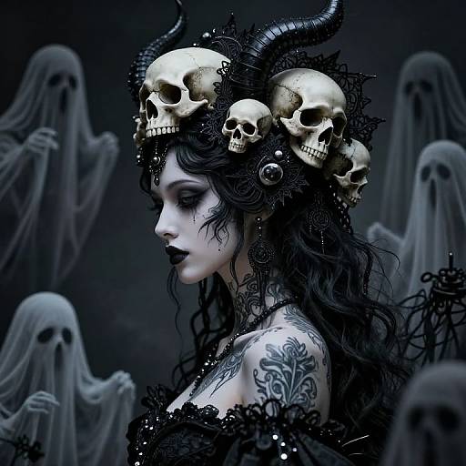 Digital art: Pale woman with black hair, skulls on head, dark lipstick, tattoos, surrounded by ghostly figures in dark, eerie background.