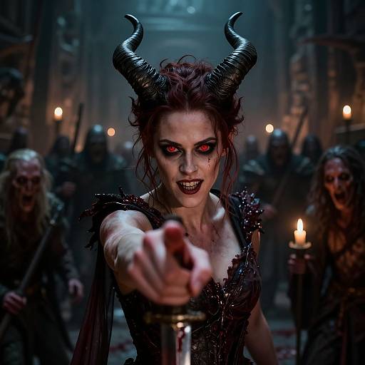 Photorealistic digital artwork of a demonic woman with black horns, red eyes, and dark makeup, pointing a dagger forward in a dimly lit,