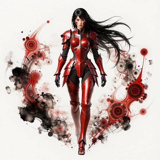 Female Warrior in Red Armor with Abstract Ink Background