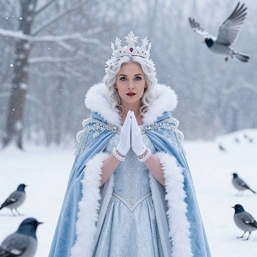 Woman Dressed as Snow Queen in Winter Landscape