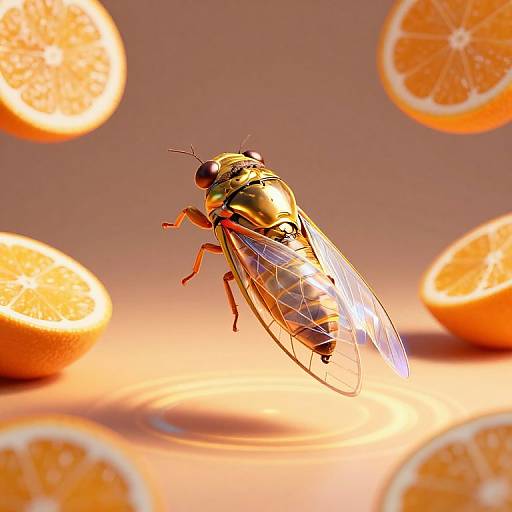 3D Cyberpunk Cicada with Floating Oranges