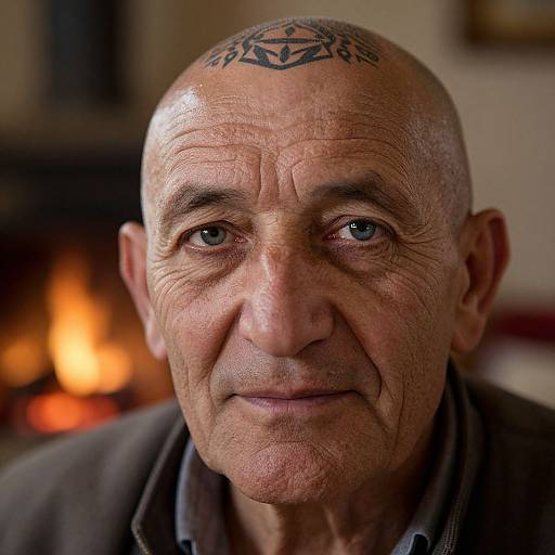 Close-up photograph of an elderly man with a bald head, tattoo on forehead, wrinkled skin, blue eyes, and serious expression, standing in front