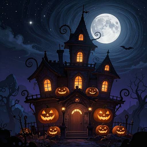 Spooky digital illustration of a haunted house with glowing jack-o'-lanterns, under a full moon, surrounded by bats and dark, swirling clouds