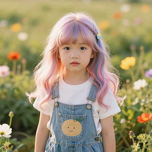 Photograph of a young Asian girl with pastel purple and pink wavy hair, wearing denim overalls with a smiley pocket, standing in a