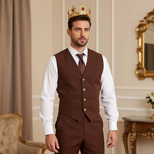 Photograph of a handsome, bearded man with dark hair wearing a brown vest, white shirt, black tie, and gold crown, standing in an