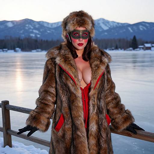 Photograph of a woman in a fur coat, red lining, and black mask, standing by a frozen lake with snowy mountains.