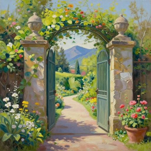 Colorful digital painting of a stone garden archway with green gates, lush flowers, and potted plants leading to a sunny path and mountainous background