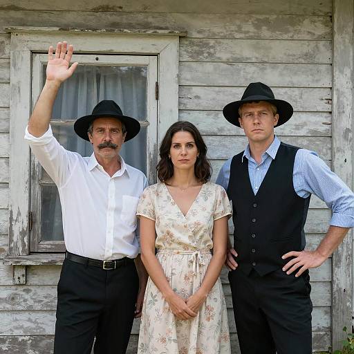Three People in Vintage Attire by Weathered House