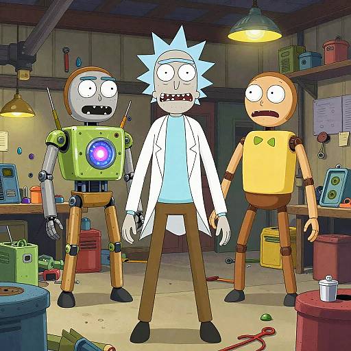 Cartoon drawing of three wide-eyed characters in a cluttered workshop: blue-spiked scientist in white lab coat, green robot with purple eye, yellow