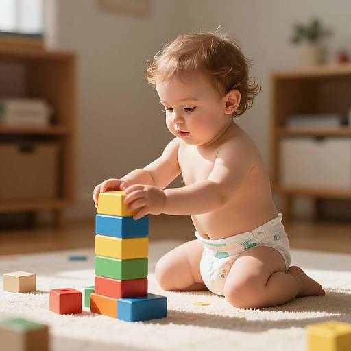 Photograph of a light-skinned toddler with curly brown hair, kneeling on a white carpet, playing with colorful, stacked plastic blocks in a sunlit