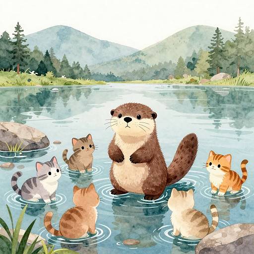Playful Otter with Curious Kittens