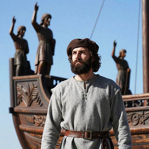 Medieval Man Beside Ornate Ship