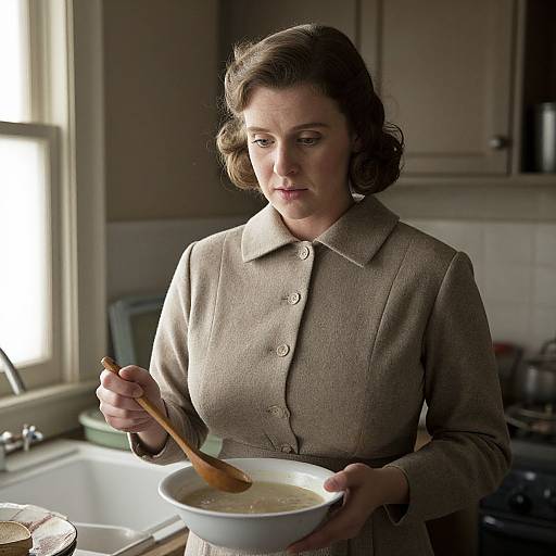 Photograph of a mid-20th century-style woman with short brown hair, wearing a beige button-up coat, stirring soup in a kitchen. Sun