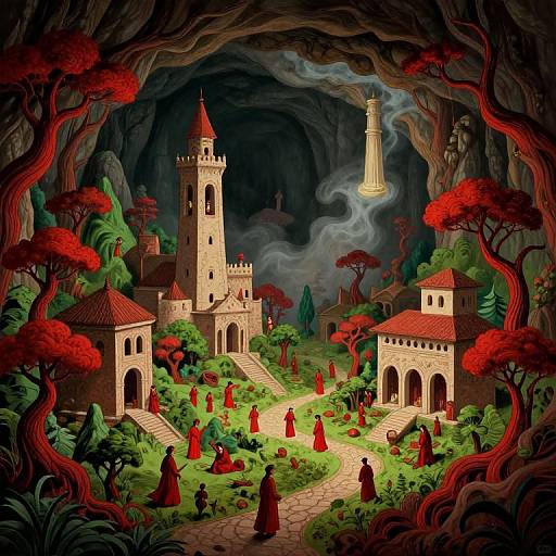 Fantastical digital painting of a medieval village with red-roofed towers, red-dressed figures, and eerie red trees, framed by a dark