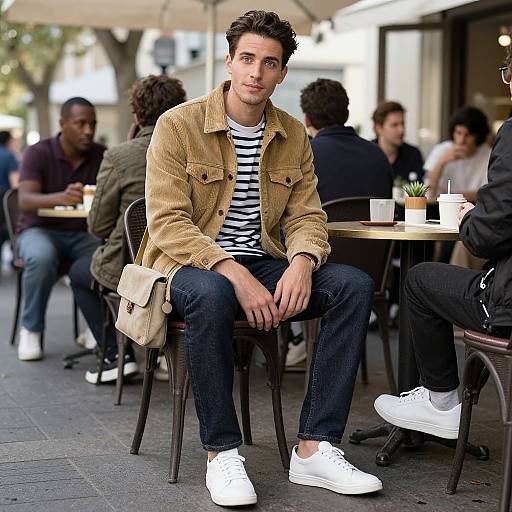 Photograph of a young man with short dark hair, wearing a beige corduroy jacket, black and white striped shirt, and white sneakers, seated