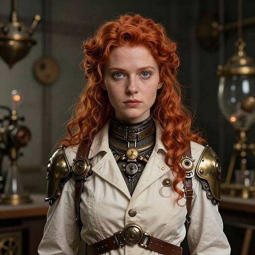 Photograph-style digital art of a red-haired woman with blue eyes, wearing steampunk armor, white jacket, and brown leather straps, in a