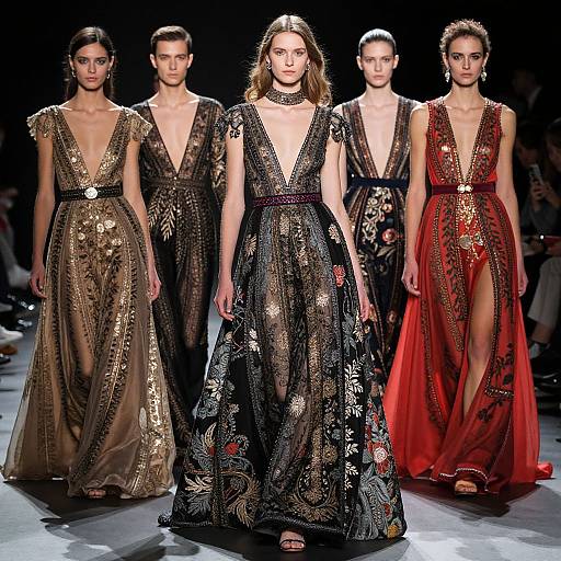 Photograph of five models on runway, wearing ornate, deep V-neck evening gowns in gold, black, and red with floral and sequin