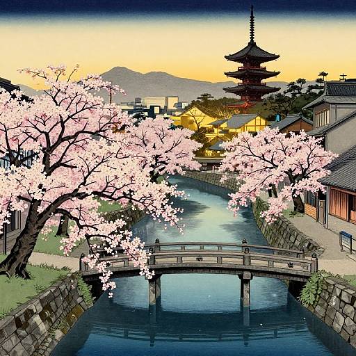 Digital anime-style illustration of a serene Japanese village at sunset, featuring a cherry blossom tree, traditional bridge over a calm river, and a pagoda in