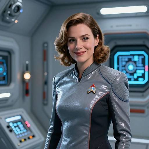 Digital artwork of a smiling, brunette woman in a shiny, gray Starfleet uniform with a Vulcan pin, standing in a futuristic spaceship control room.