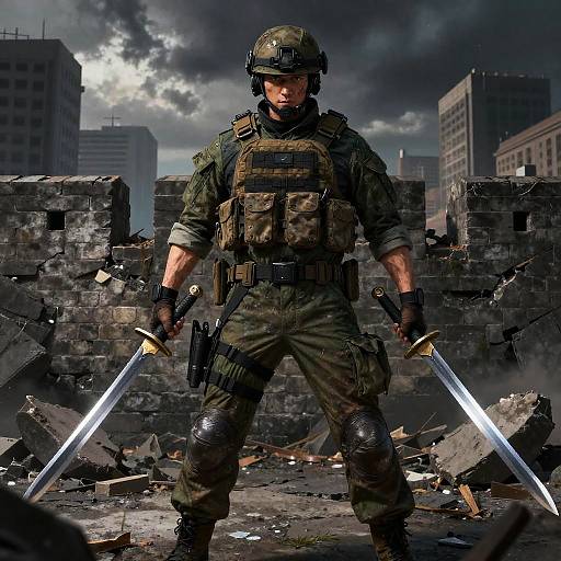 Battle-Scarred Swordsman at Ruined City Wall