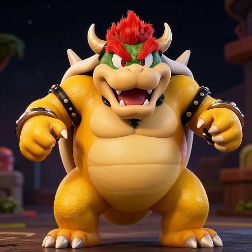 CGI image of Bowser, a large yellow, spiked-shelled Koopa with red hair, green shell, white horns, black spiked cuffs,