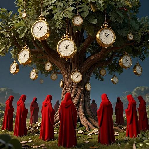 Surreal Red-Robed Figures Around Time Tree