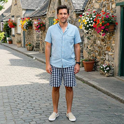 Photograph of a smiling, short-haired man in light blue shirt, black-and-white checkered shorts, white sneakers, standing on a cobblestone