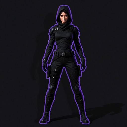 Digital illustration of a fierce, dark-haired woman in black tactical gear with glowing purple outlines, standing confidently against a black background.