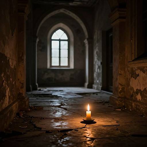 Photograph of a dimly lit, abandoned room with a single candle on a wet, cracked stone floor, arch window in the background.