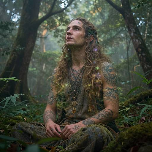 Photograph of a tattooed man with long, wavy brown hair, sitting in a misty forest, wearing earthy-toned clothes and multiple