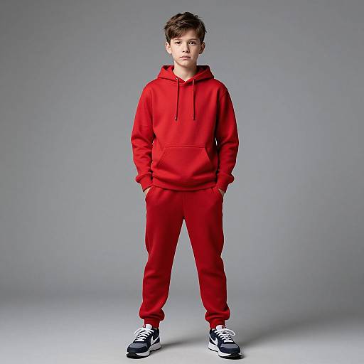 Realistic Boy in Red Joggers Outfit