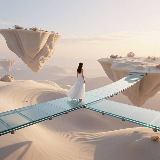 Photorealistic CGI of a woman in a white flowing dress standing on a glass bridge in a desert with floating rock formations at sunset.