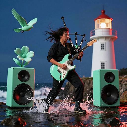 Photograph of a long-haired guitarist in black playing a turquoise electric guitar, splashing water near green speaker boxes, a flying green bird, and a
