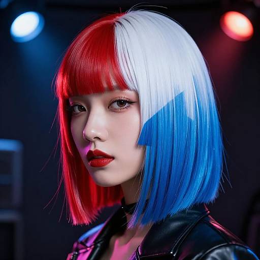 Photograph of a pale-skinned woman with striking red, white, and blue bob haircut, wearing a black leather jacket, illuminated by colorful stage lights
