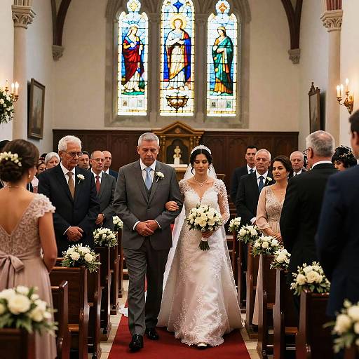 Photograph of a wedding ceremony in a church, featuring a bride in a white lace gown, groom in a gray suit, surrounded by guests under colorful
