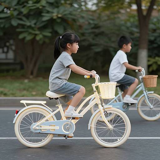Photograph of two Asian children riding small, white bicycles on a street; the girl in a gray shirt and denim shorts leads, the boy in a