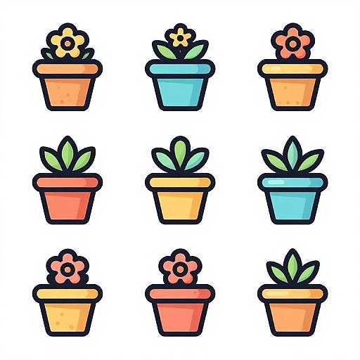 Cartoon-style digital illustration of nine colorful potted plants with flowers, arranged in a 3x3 grid on a white background.