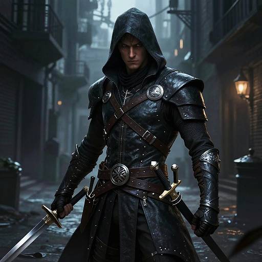 Digital artwork: Brooding male warrior in dark, armored hooded cloak with swords, standing in foggy, alleyway street at night. Moody,