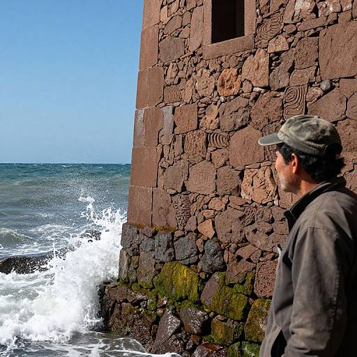 Photograph of a man in a cap, standing by a textured stone wall, watching ocean waves crash below. Bright blue sky.