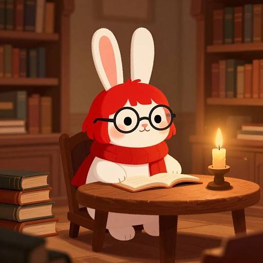 Cute cartoon bunny with red hair, glasses, and scarf reads book by candlelight in cozy, wooden library. Digital art.