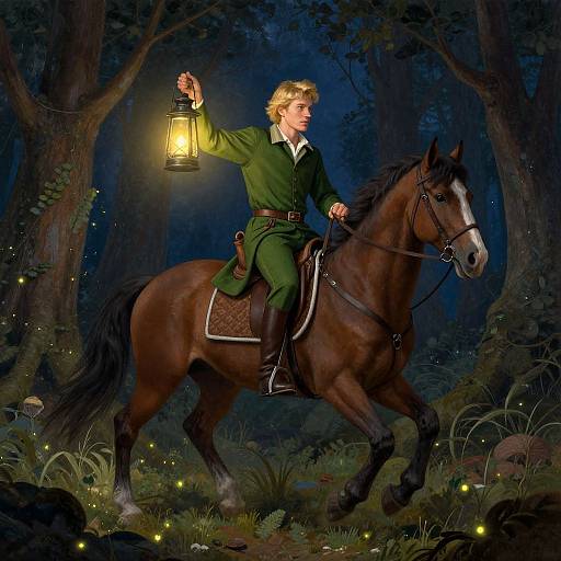 Digital illustration of a blonde young man in a green outfit, holding a lantern, riding a brown horse in a dark, enchanted forest with glowing fireflies