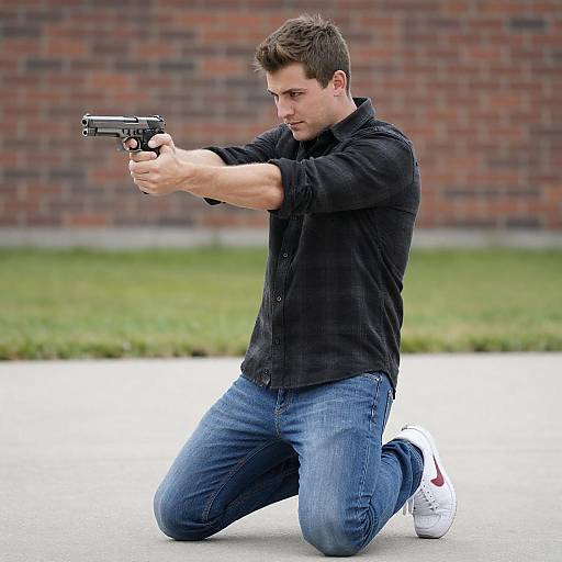 Man Kneeling and Aiming Handgun Outdoors