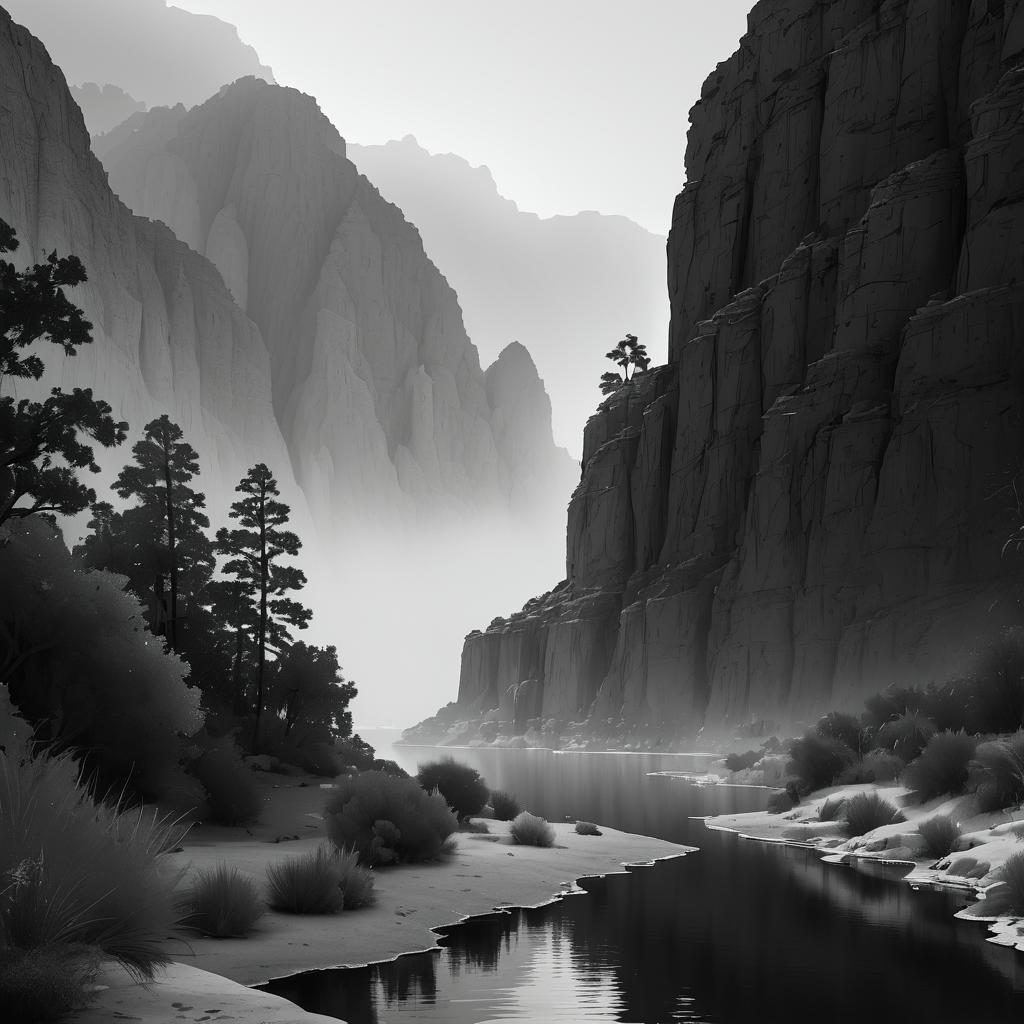 Serene Oasis at Dawn in Greyscale